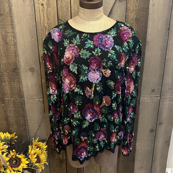 Laurence Kazar Tops - Vintage Laurence Kazar 2X Silk Sequin Floral Sheer Sleeve Blouse Top Black